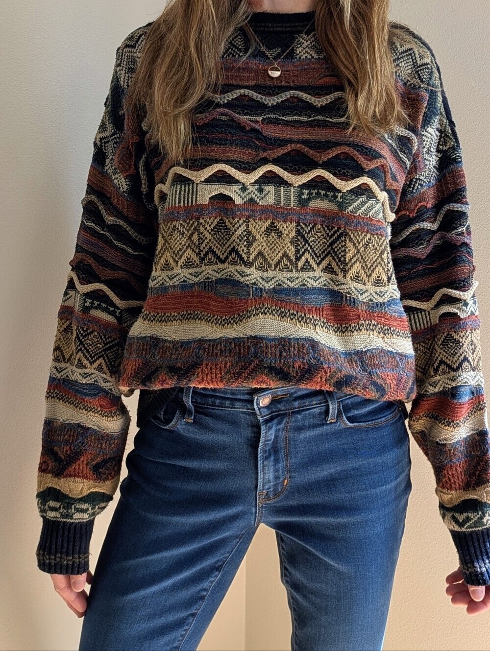 Vintage Coogi Style Abstract Textured Chunky Crewneck Sweater In Terracotta/Navy